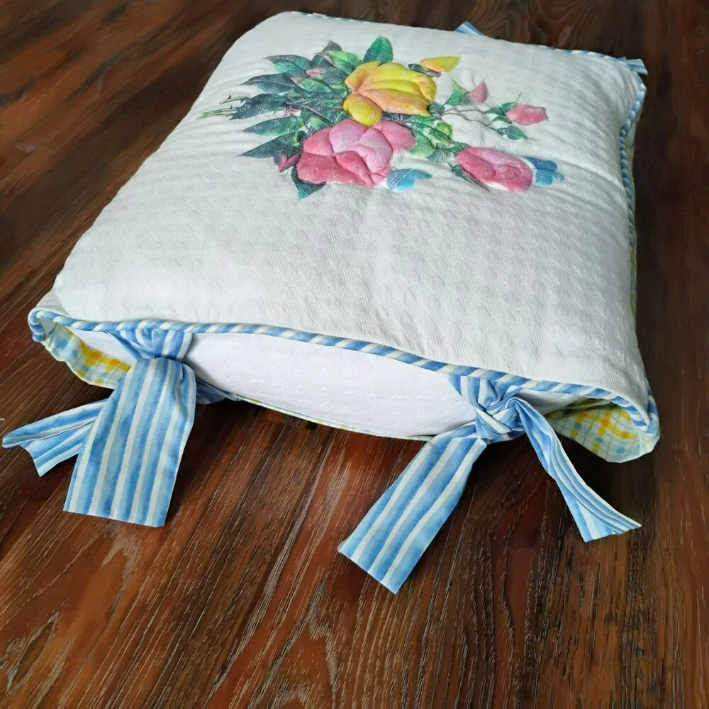 Handmade Quilted Floral Accent Pillow / Cushion Cover, Reversible Gingham 18x18
